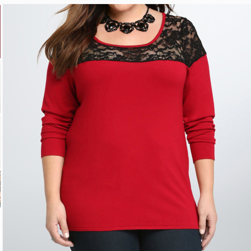 Torrid Lace Yoke Sweater 2 2XL XXL Red Black Pullover Glam Sexy Plus